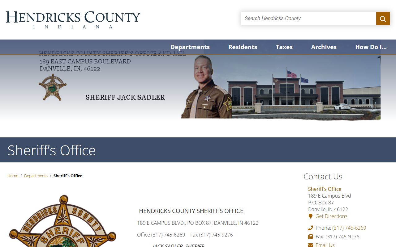 Brownsburg Police Department secondary page screenshot showing services and contact information