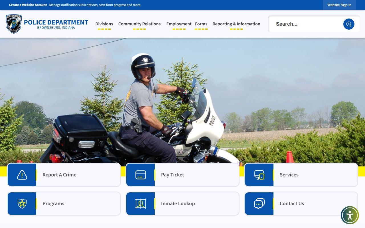 Brownsburg Police Department third page screenshot showing additional law enforcement and records information