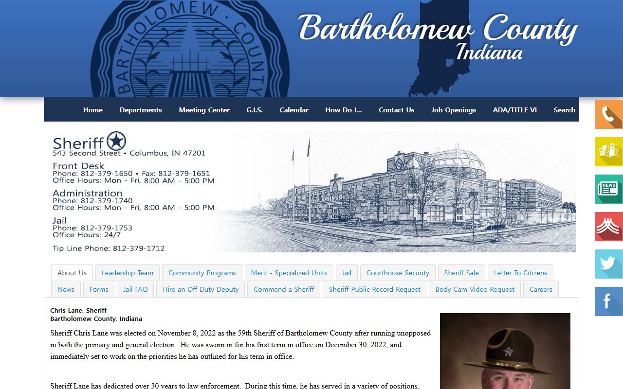 Bartholomew County Sheriff website for Columbus, Indiana jail and booking records