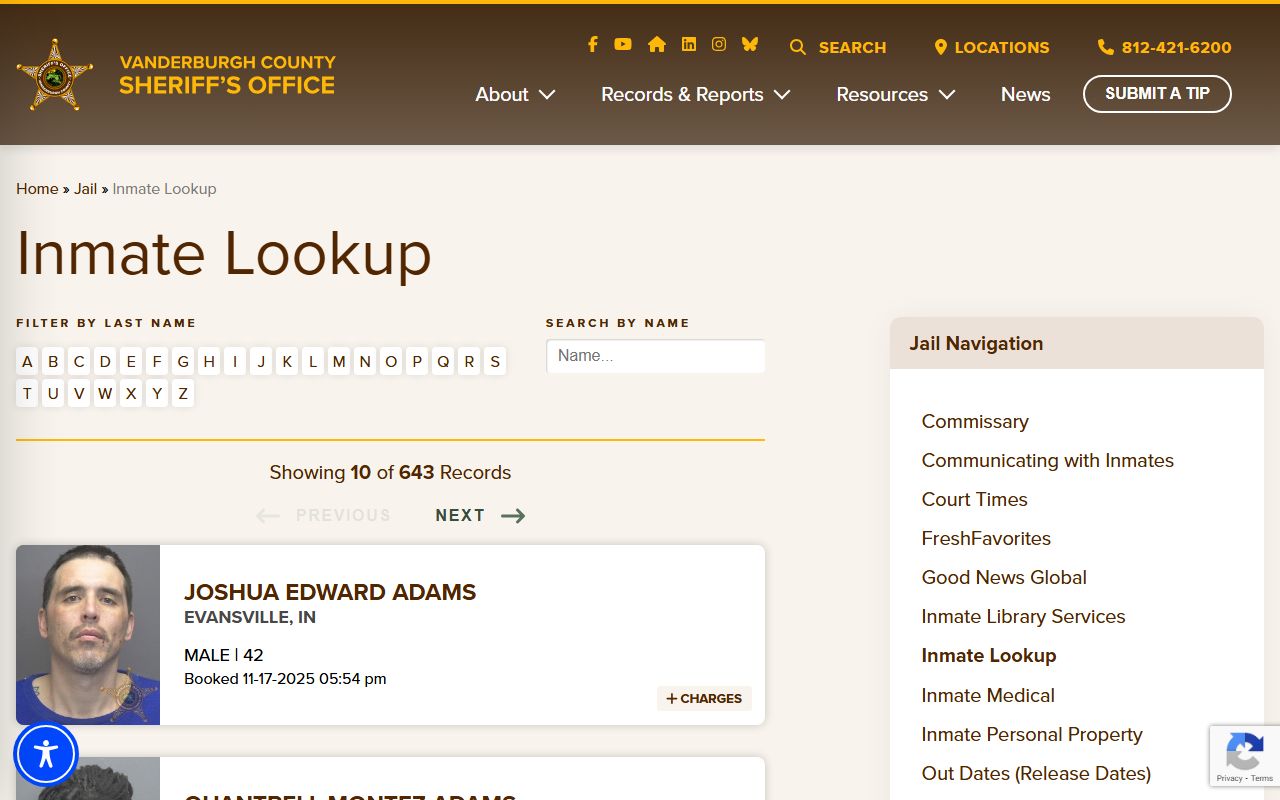 Vanderburgh County Sheriff inmate lookup portal for Evansville bookings