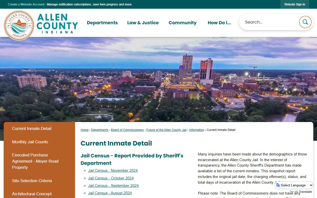 Allen County current inmate detail page showing Fort Wayne booking records