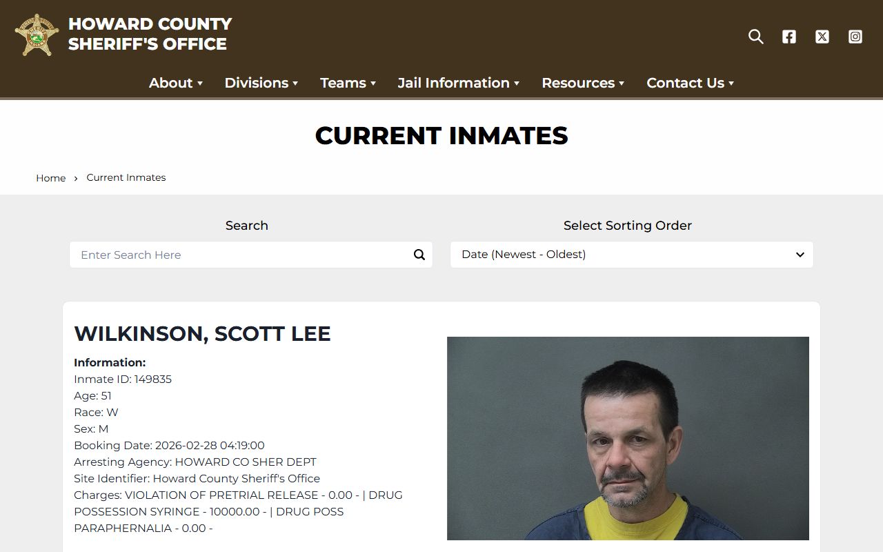 Howard County Sheriff inmate search portal for Kokomo, Indiana 72 hour booking records