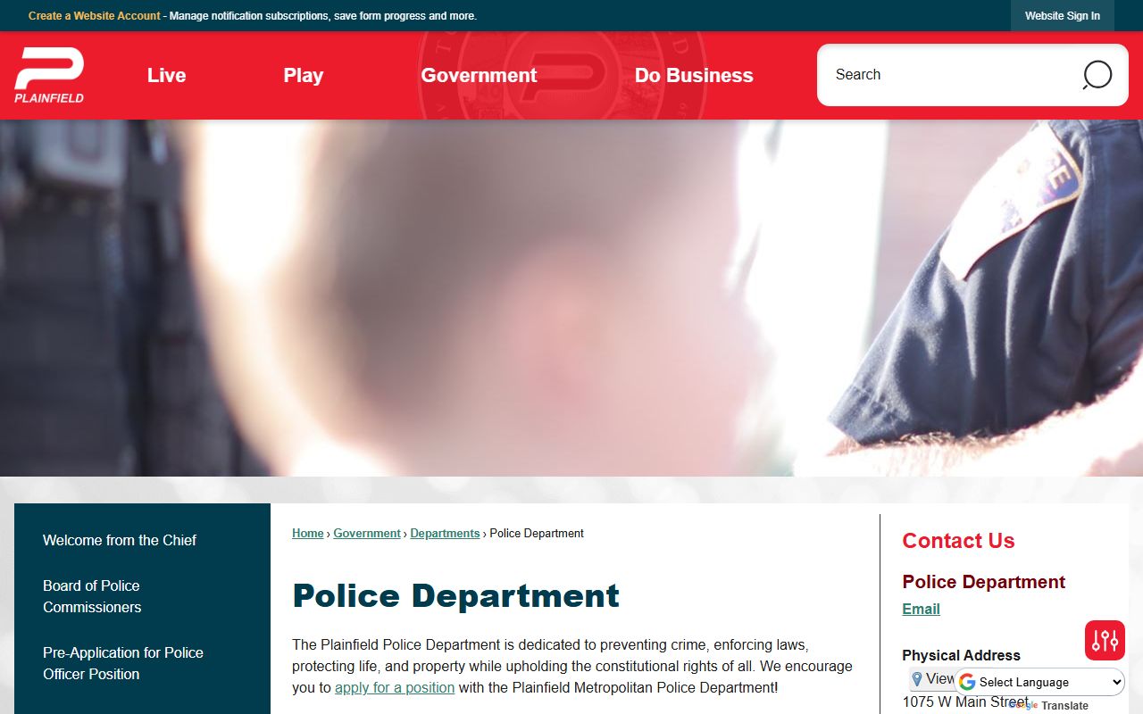 Plainfield Police Department community information page