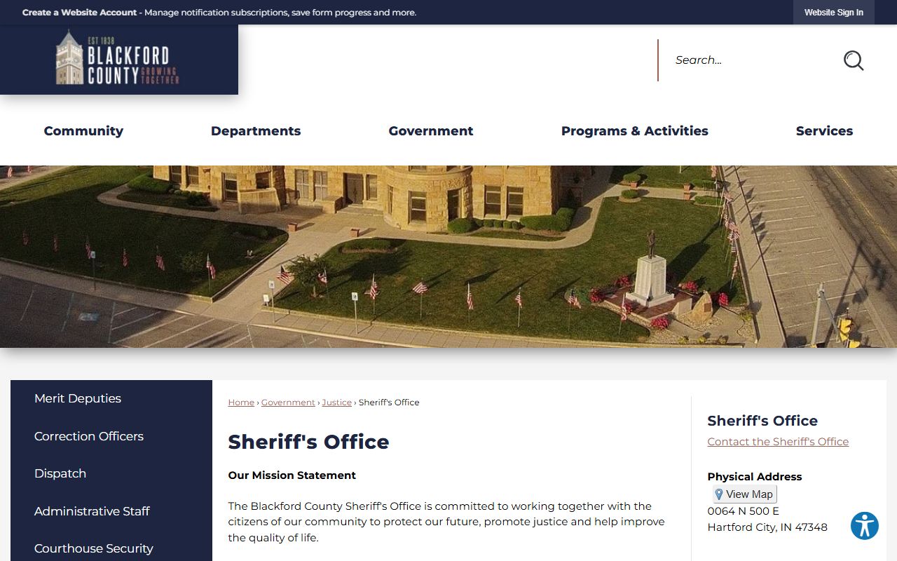 Blackford County Sheriff's Office official government website with jail and booking contact information in Hartford City Indiana