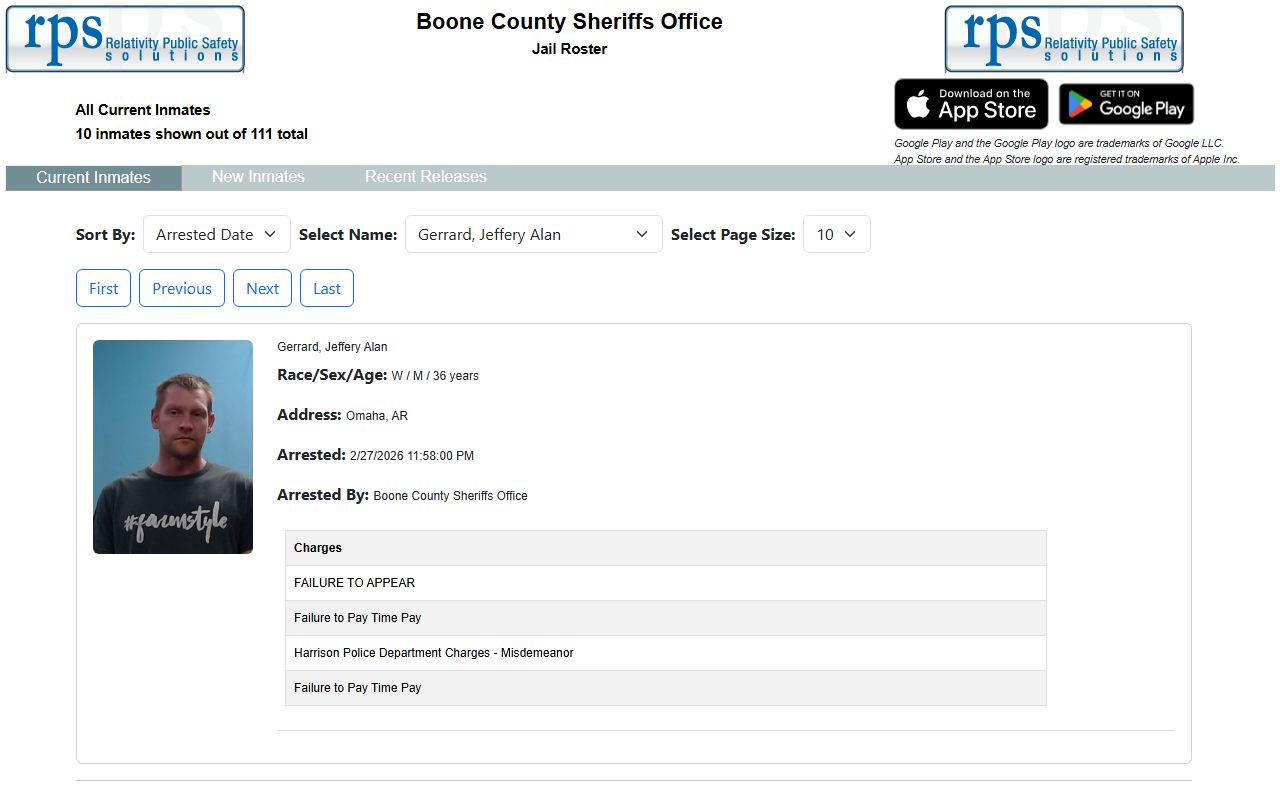 myr2m Boone County jail roster page showing current 72 hour booking records in Lebanon Indiana