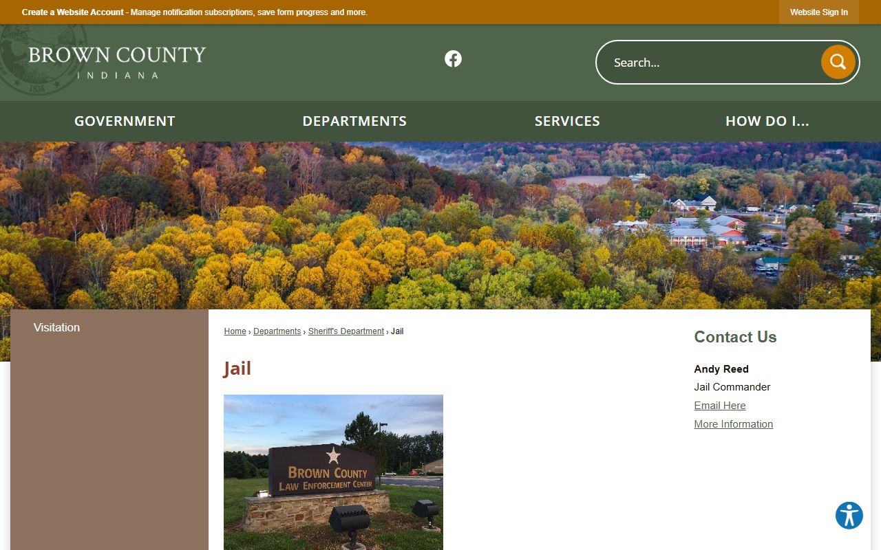 Brown County Indiana official government jail page showing facility information and policies in Nashville