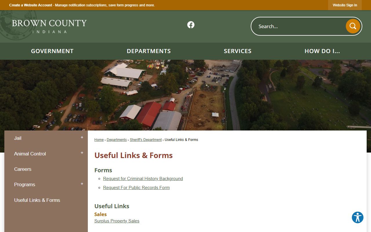Brown County Indiana useful links and forms page for jail resources and booking information