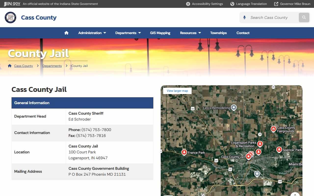 Cass County Sheriff's Office detention center page on in.gov showing facility and contact information in Logansport Indiana