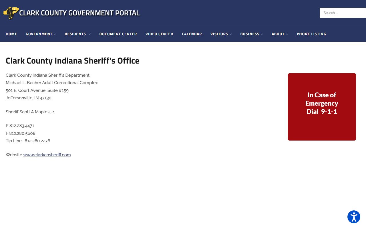 Clark County Indiana government website showing Michael L Becher Adult Correctional Complex jail and booking information in Jeffersonville