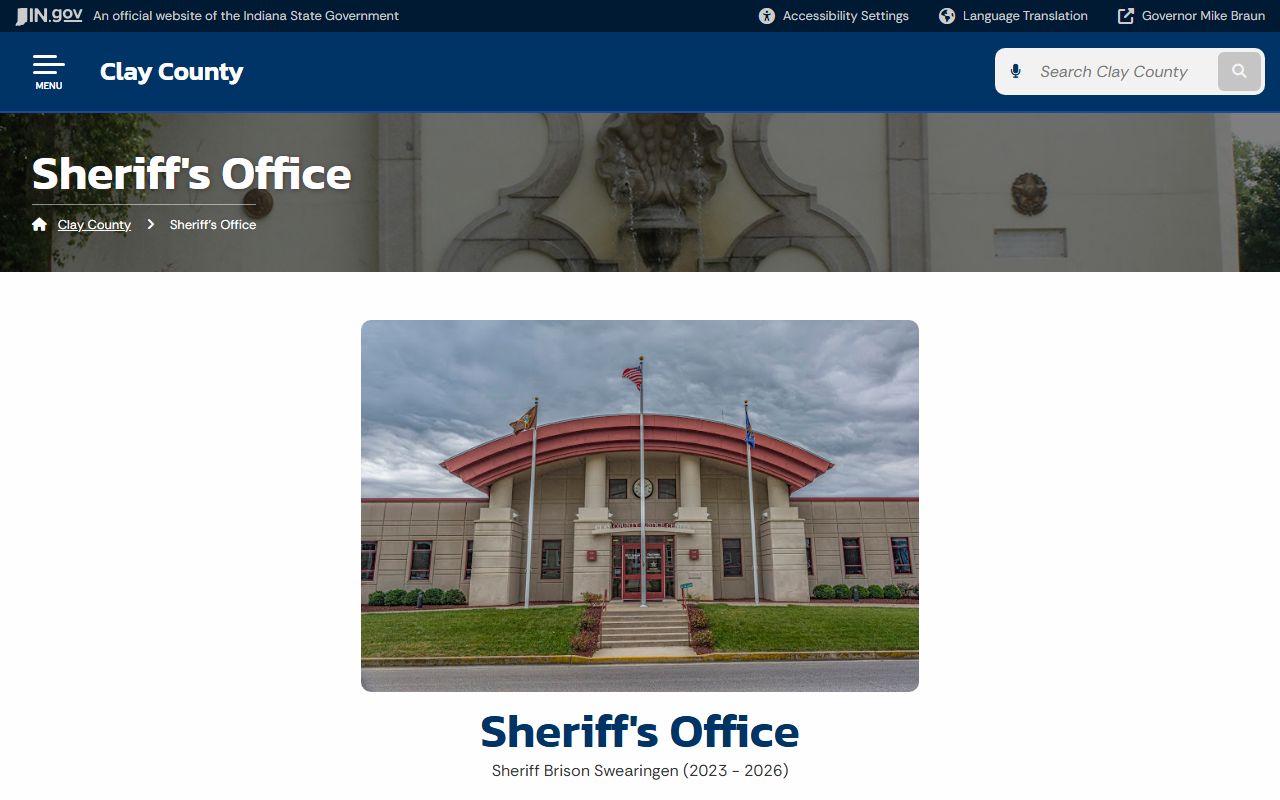 Indiana county government page for Clay County Sheriff's Office showing jail information and contacts in Brazil