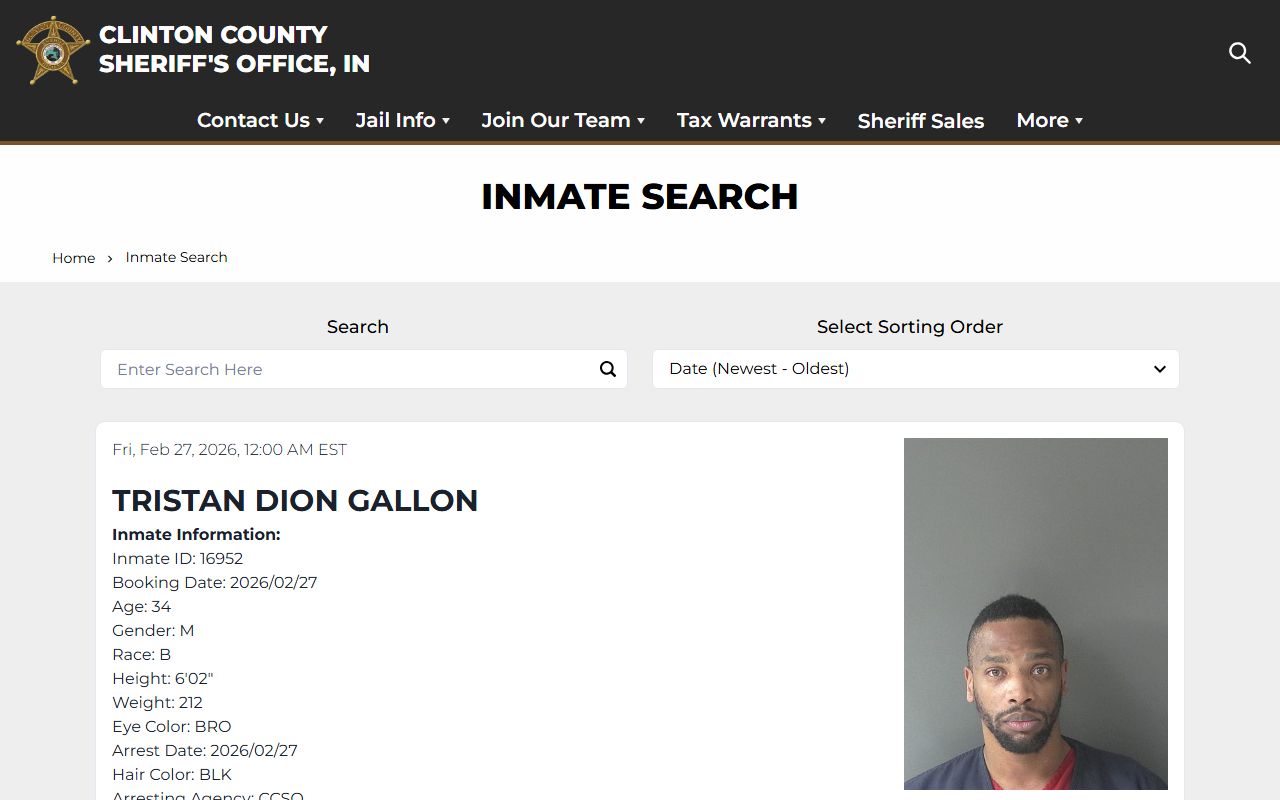 Clinton County Sheriff inmate search tool showing 72 hour booking records in Frankfort Indiana