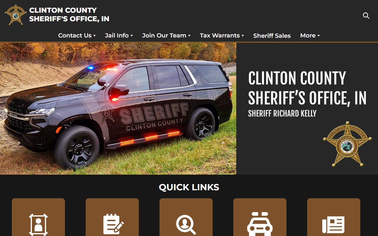 Clinton County Sheriff's Office official website with department information, inmate search link, and contacts in Frankfort Indiana