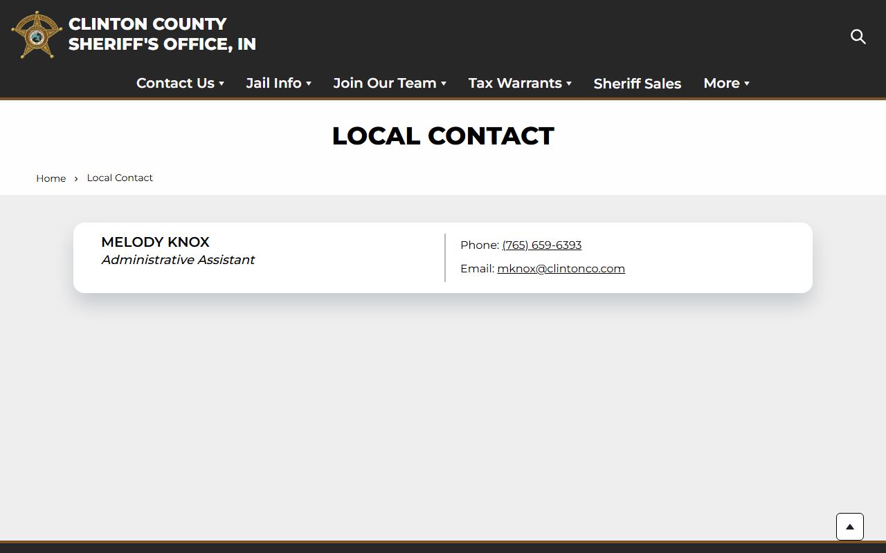 Clinton County Sheriff Office local contact page showing all department phone numbers and emails in Frankfort Indiana