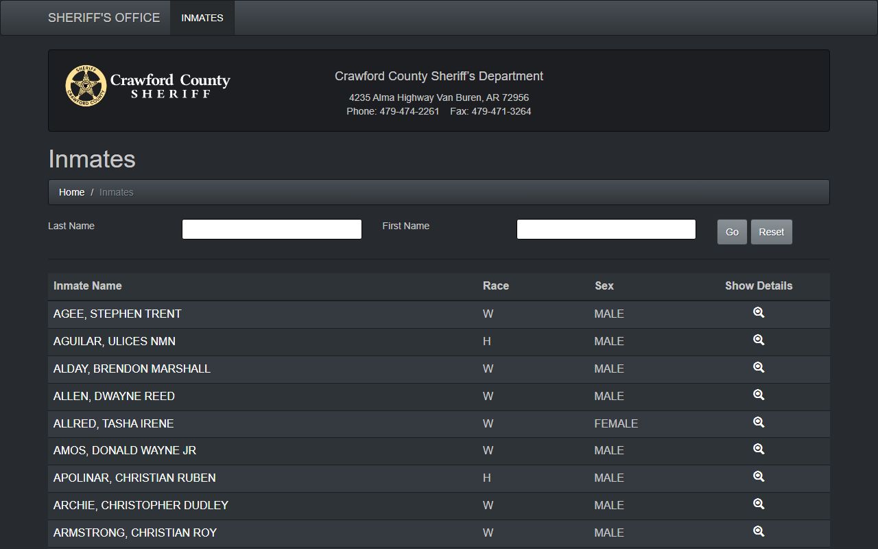 Crawford County Sheriff online inmate roster showing current 72 hour booking records in English Indiana