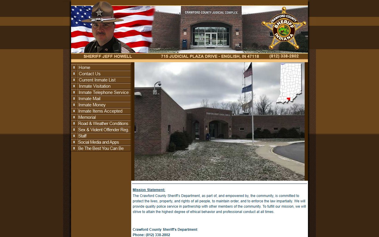 Crawford County Sheriff Department official website showing department contacts and information in English Indiana