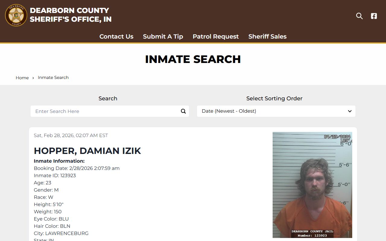 Dearborn County Sheriff inmate search portal for 72 hour booking records in Lawrenceburg Indiana