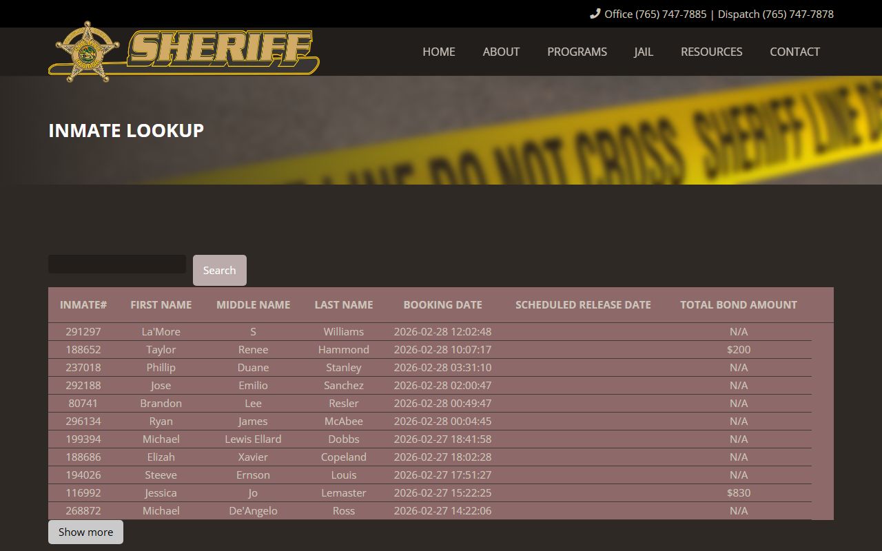 Delaware County Sheriff inmate lookup showing 72 hour booking records in Muncie Indiana