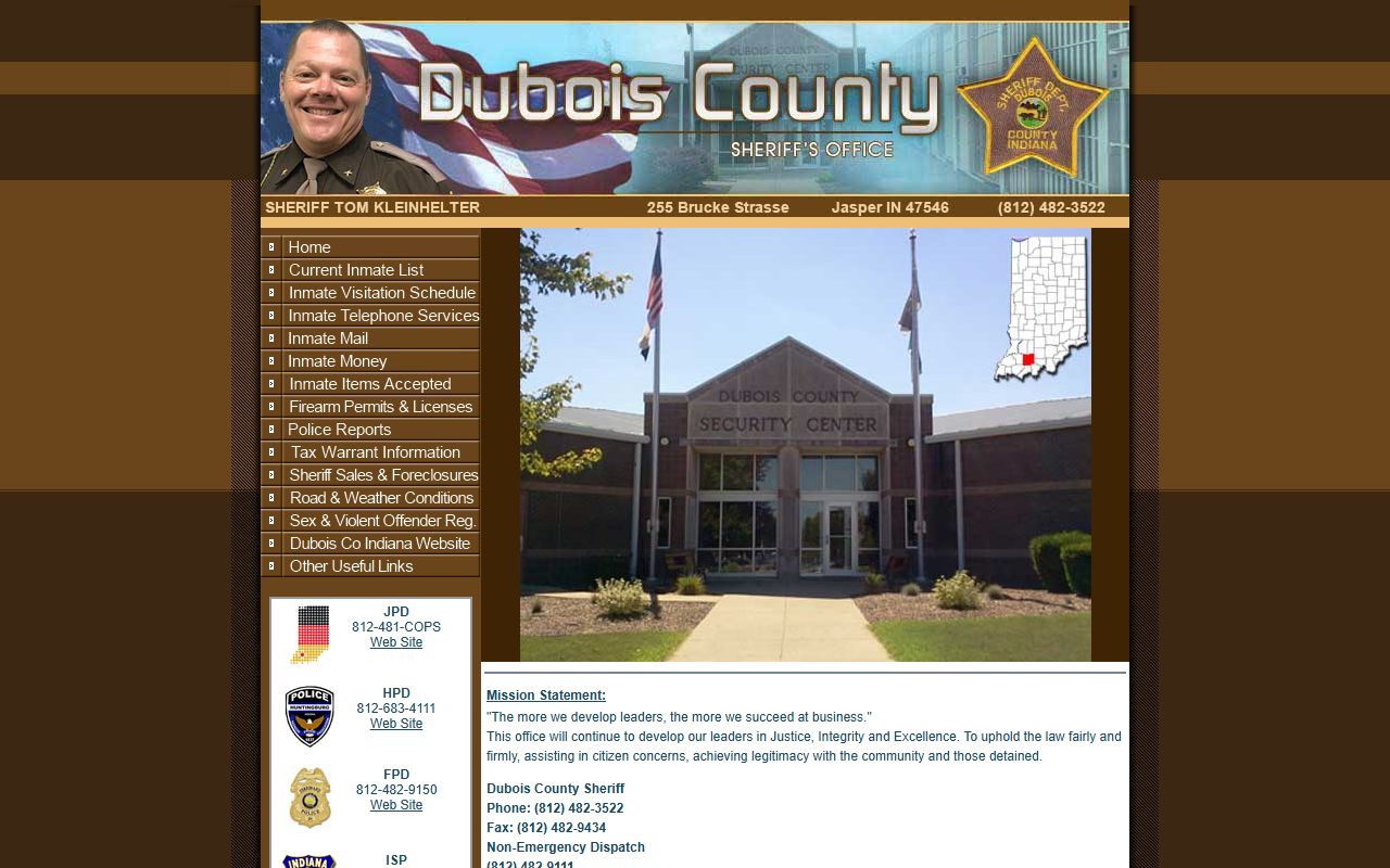 Dubois County Sheriff Department website for 72 hour booking records and jail information in Jasper Indiana