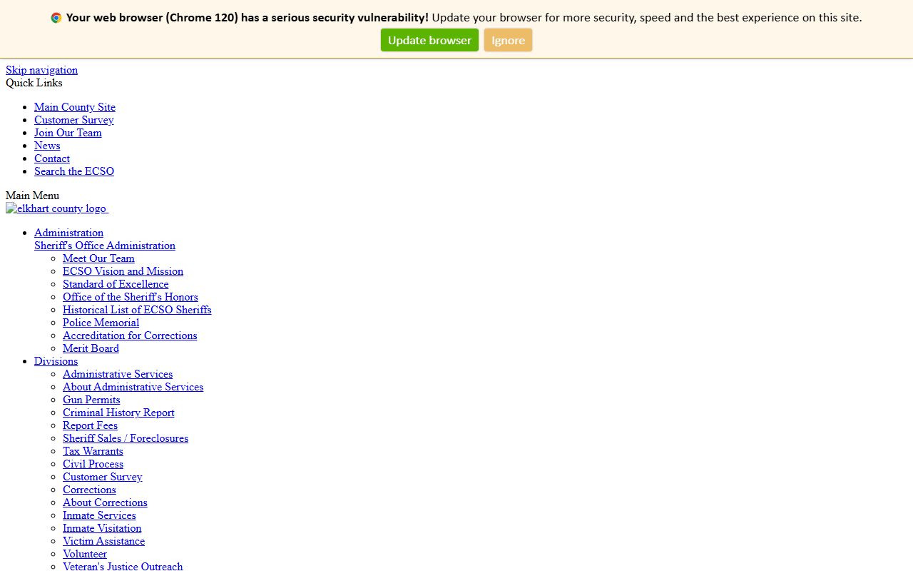 Elkhart County Sheriff inmate services page for 72 hour booking records in Elkhart Indiana