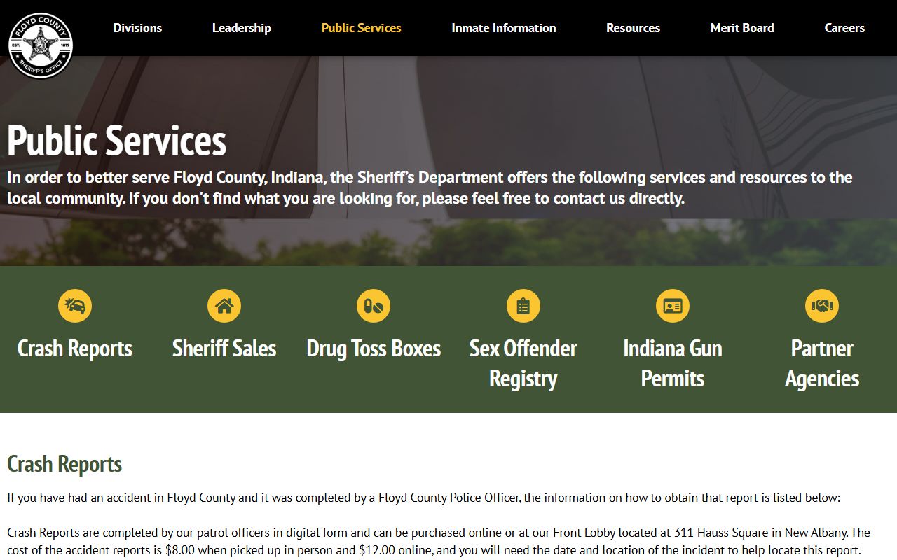 Floyd County Sheriff services page for jail programs and inmate information in New Albany Indiana