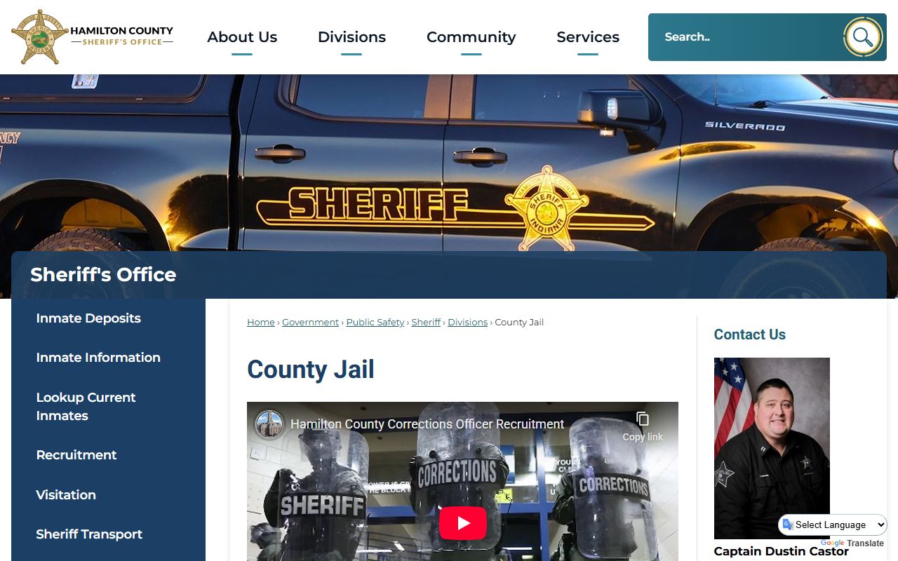 Hamilton County Jail information page showing facility details for 72 hour booking records