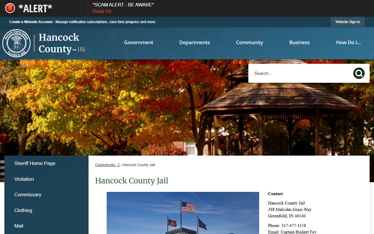 Hancock County Jail page for 72 hour booking records in Greenfield Indiana