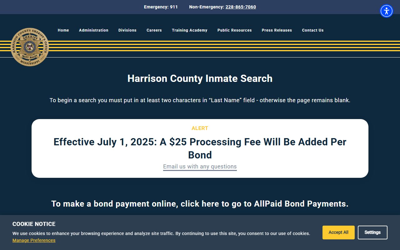 Harrison County Sheriff inmate search page for 72 hour booking records in Corydon Indiana