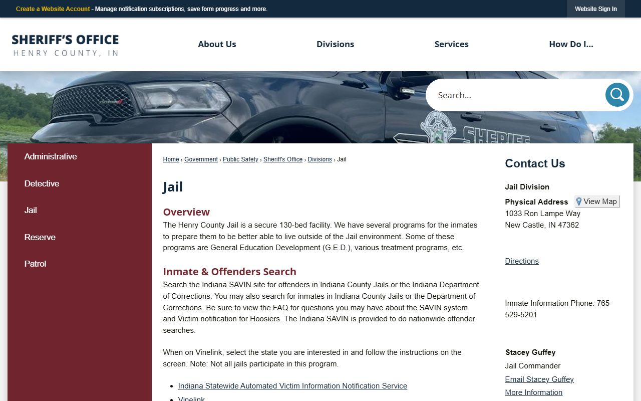Henry County Jail page for 72 hour booking inmate search in New Castle Indiana