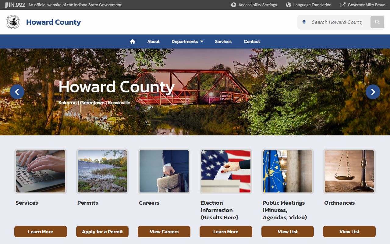 Howard County Indiana government page with sheriff and jail information for 72 hour bookings
