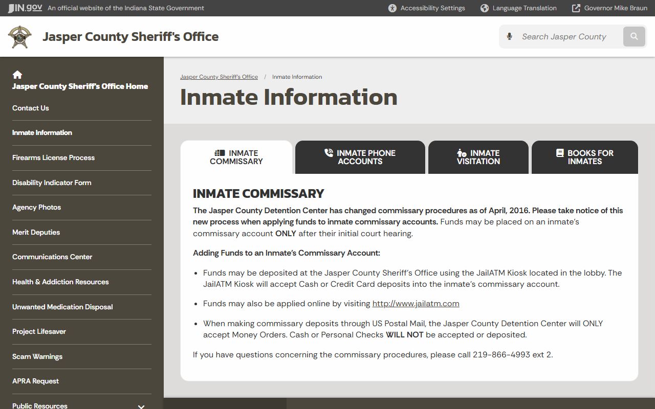 Jasper County inmate information page at in.gov/sheriffs/jasper for 72 hour booking access