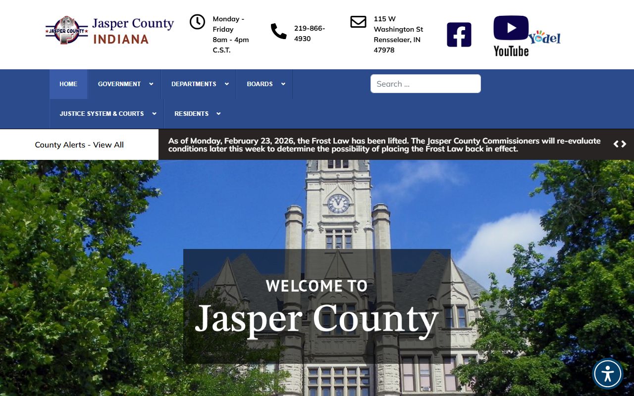 Jasper County Indiana government website at jaspercountyin.gov with sheriff and jail information