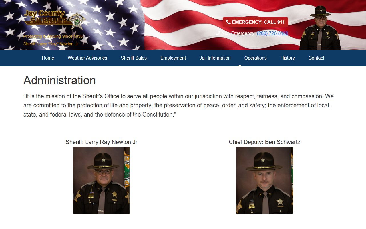 Jay County Sheriff administration page at jaycountysheriff.com with jail and staff information