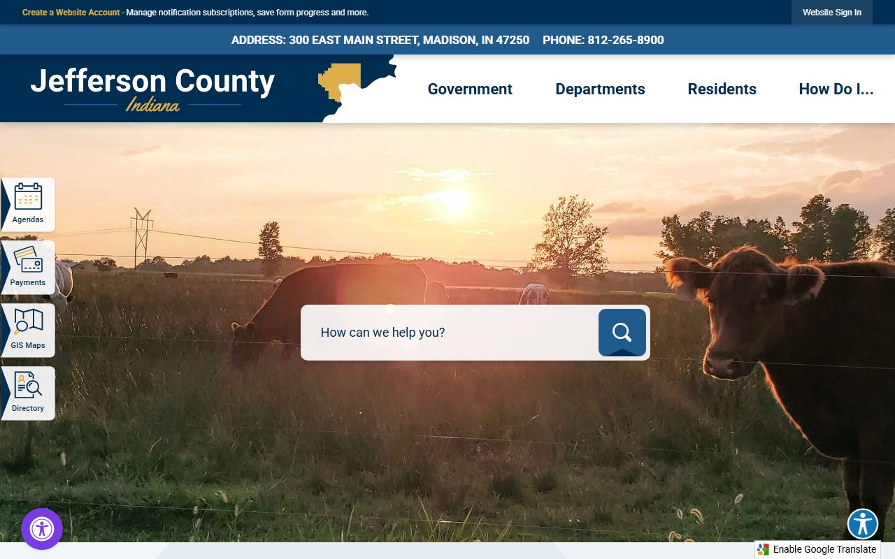 Jefferson County Indiana government website at jeffersoncounty.in.gov with sheriff and detention center info