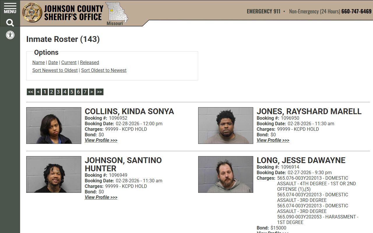 Johnson County Sheriff inmate roster at jocomosheriff.org with mugshots for 72 hour booking records