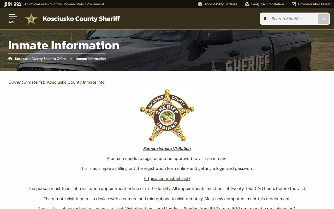 Kosciusko County Sheriff inmate information page at in.gov/sheriffs/kosciusko for 72 hour booking records