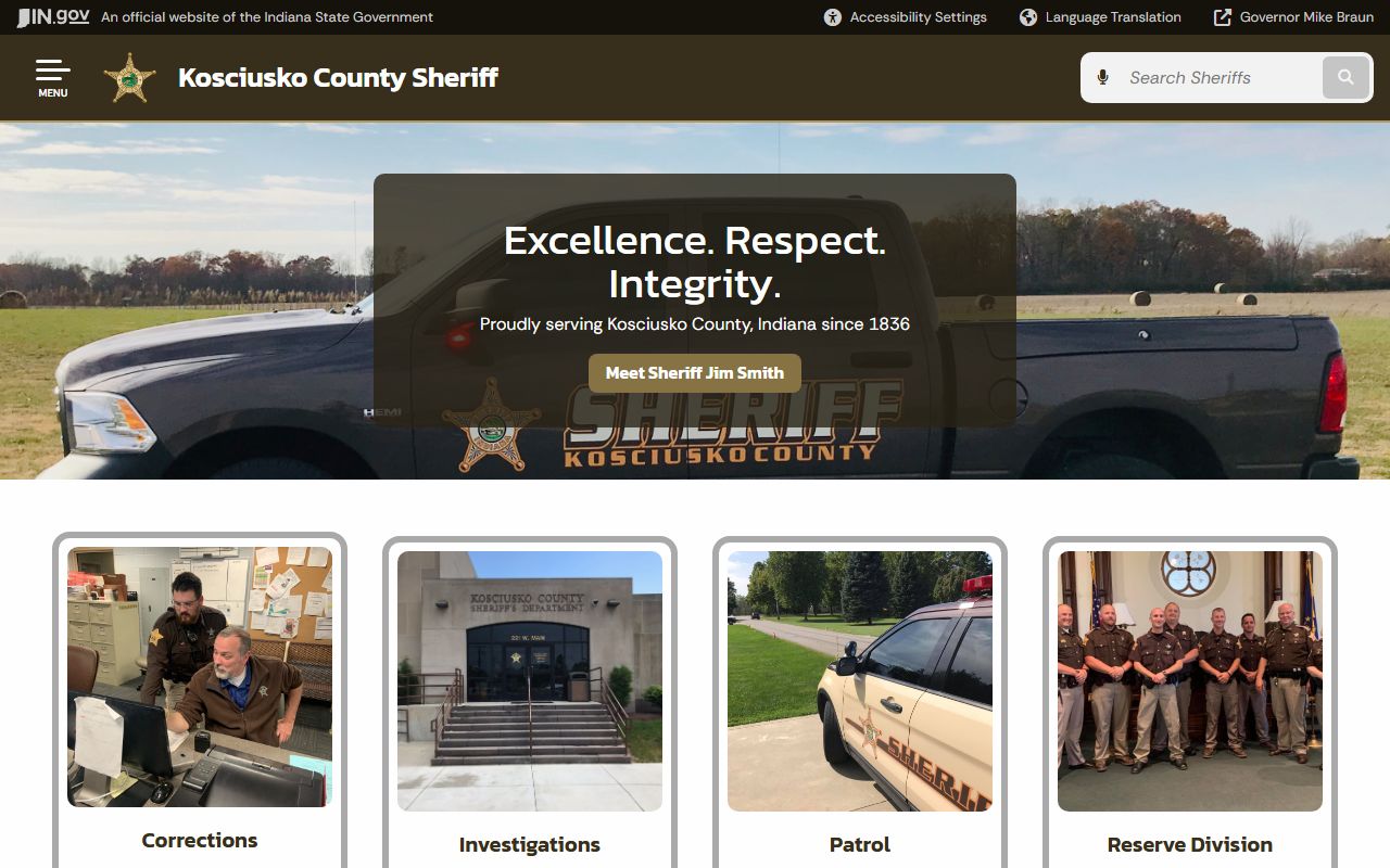 Kosciusko County Sheriff's Office at in.gov/sheriffs/kosciusko with jail and contact information