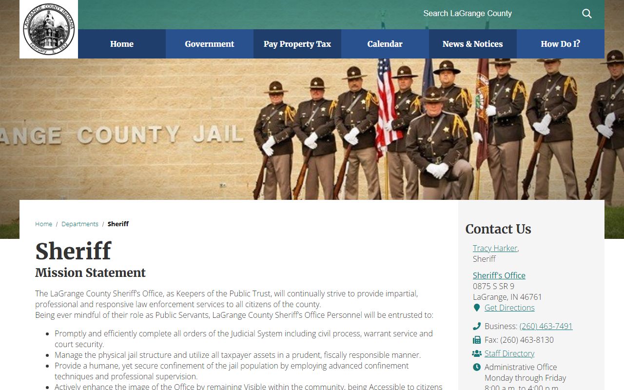 LaGrange County Sheriff's Office website for 72 hour booking record inquiries in LaGrange Indiana