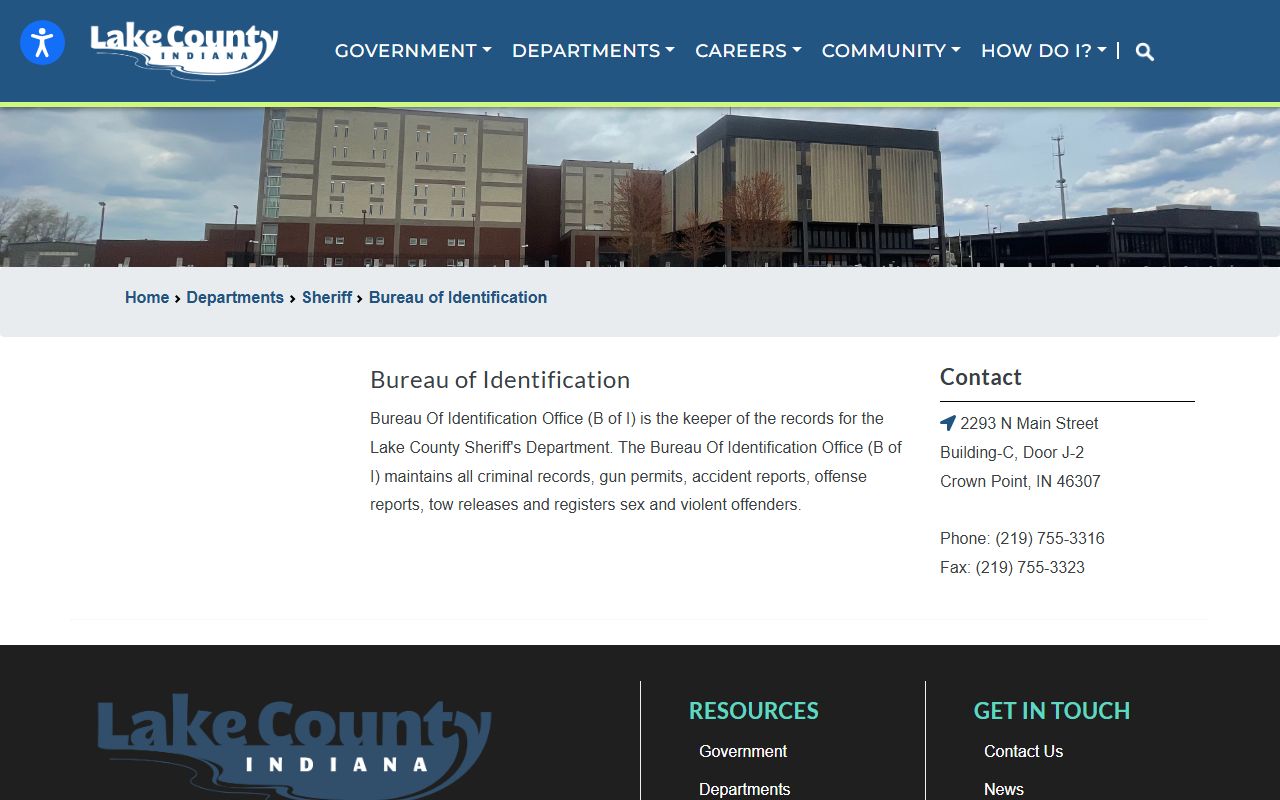 Lake County Indiana government page with sheriff Bureau of Identification information for 72 hour booking inquiries