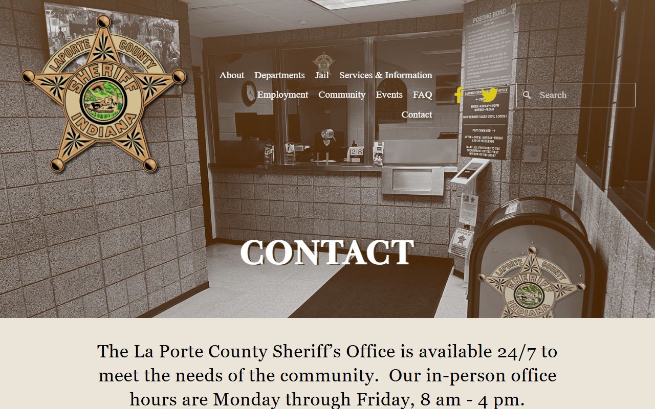 La Porte County Sheriff contact page showing office locations for booking record inquiries in La Porte and Michigan City Indiana