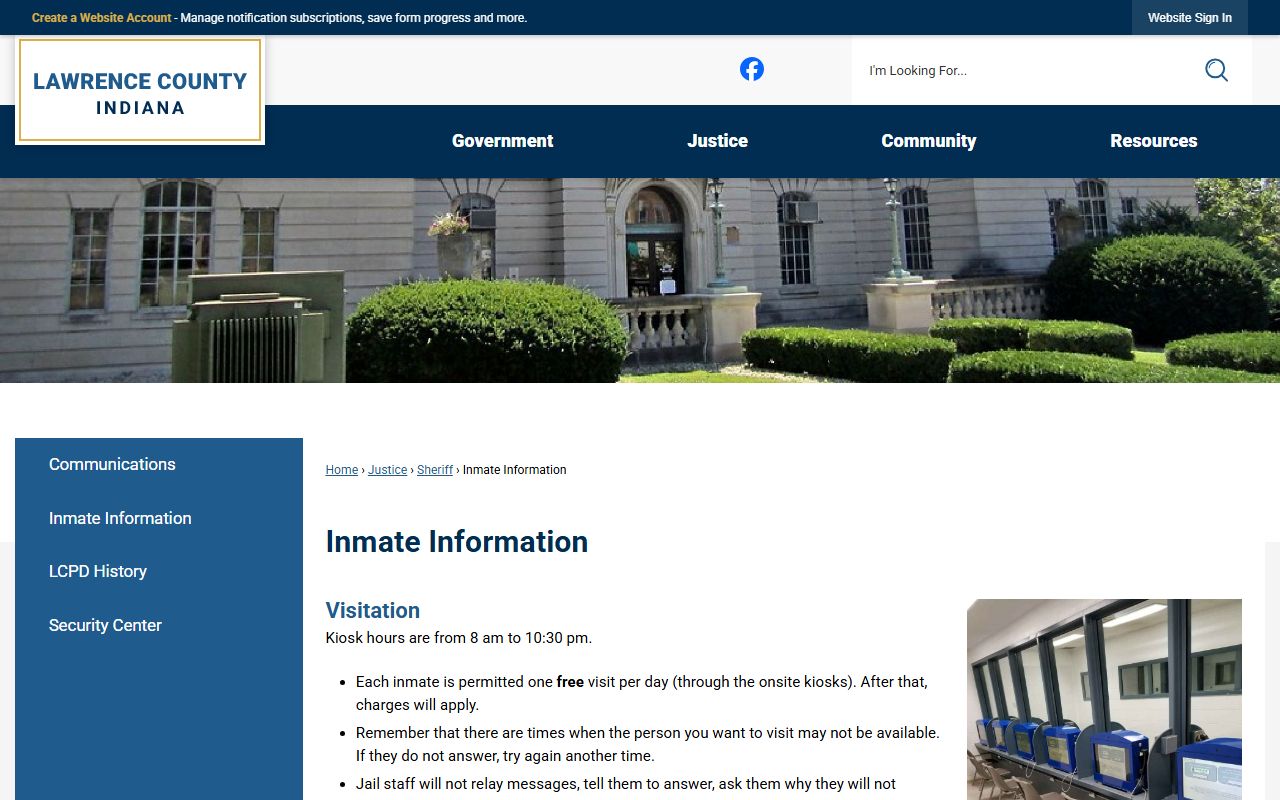 Lawrence County inmate information page at lawrencecounty.in.gov for 72 hour booking records in Bedford Indiana