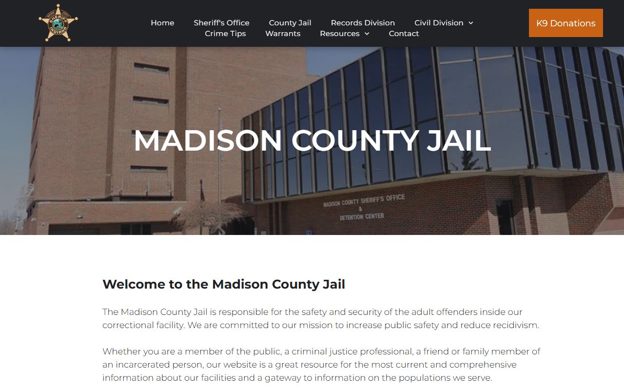 Madison County Sheriff county jail page at sheriffofmadisoncounty.com with inmate services and booking information for Anderson Indiana