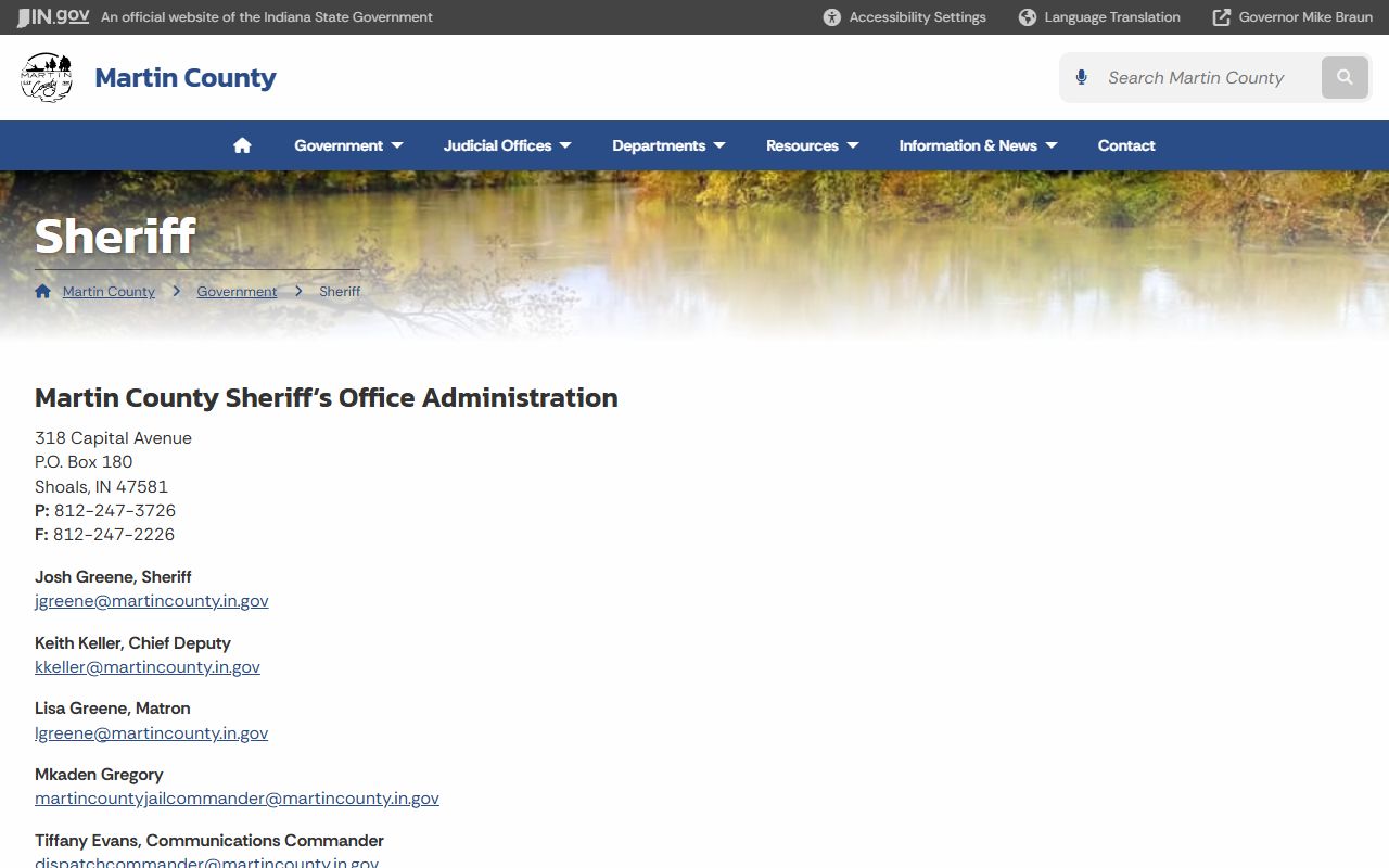 Martin County Sheriff's Office page at in.gov for 72 hour booking information in Shoals Indiana
