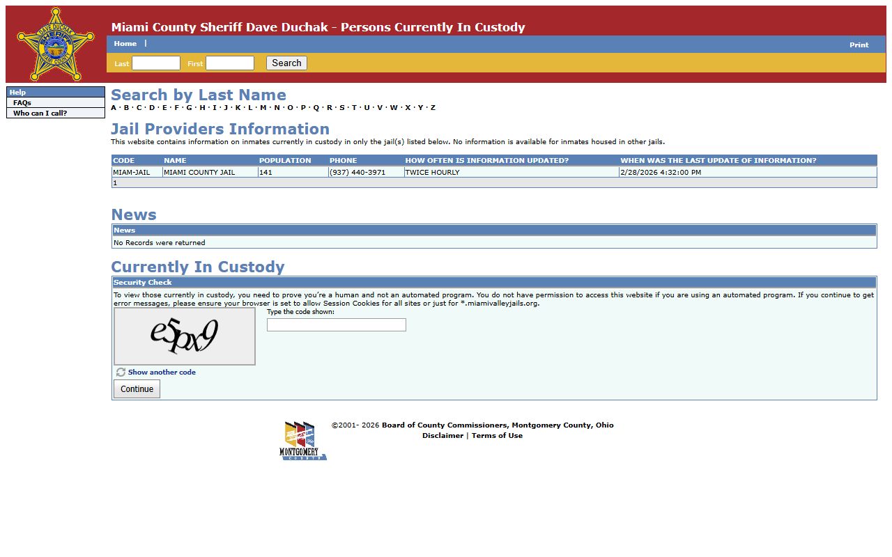 Miami Valley Jails inmate search portal for Miami County 72 hour booking records in Peru Indiana