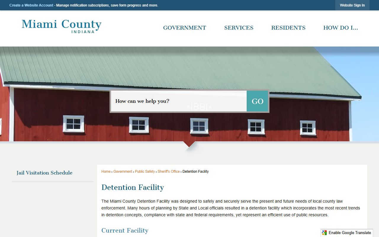 Miami County Detention Facility page at miamicountyin.gov with jail information for 72 hour booking records in Peru Indiana