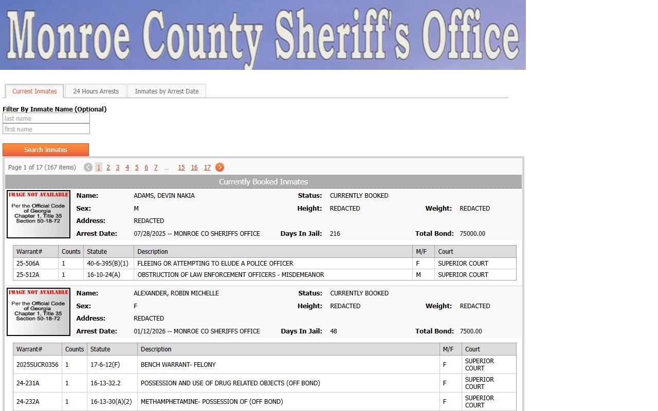 Monroe County Sheriff inmate roster on InteropWeb platform for 72 hour booking searches in Bloomington Indiana
