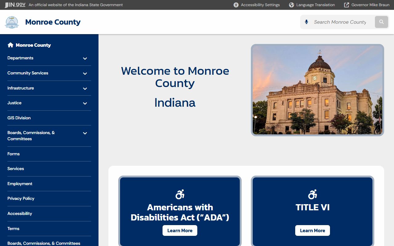 Monroe County government page at co.monroe.in.us with sheriff and Correctional Center information for 72 hour booking records in Bloomington Indiana