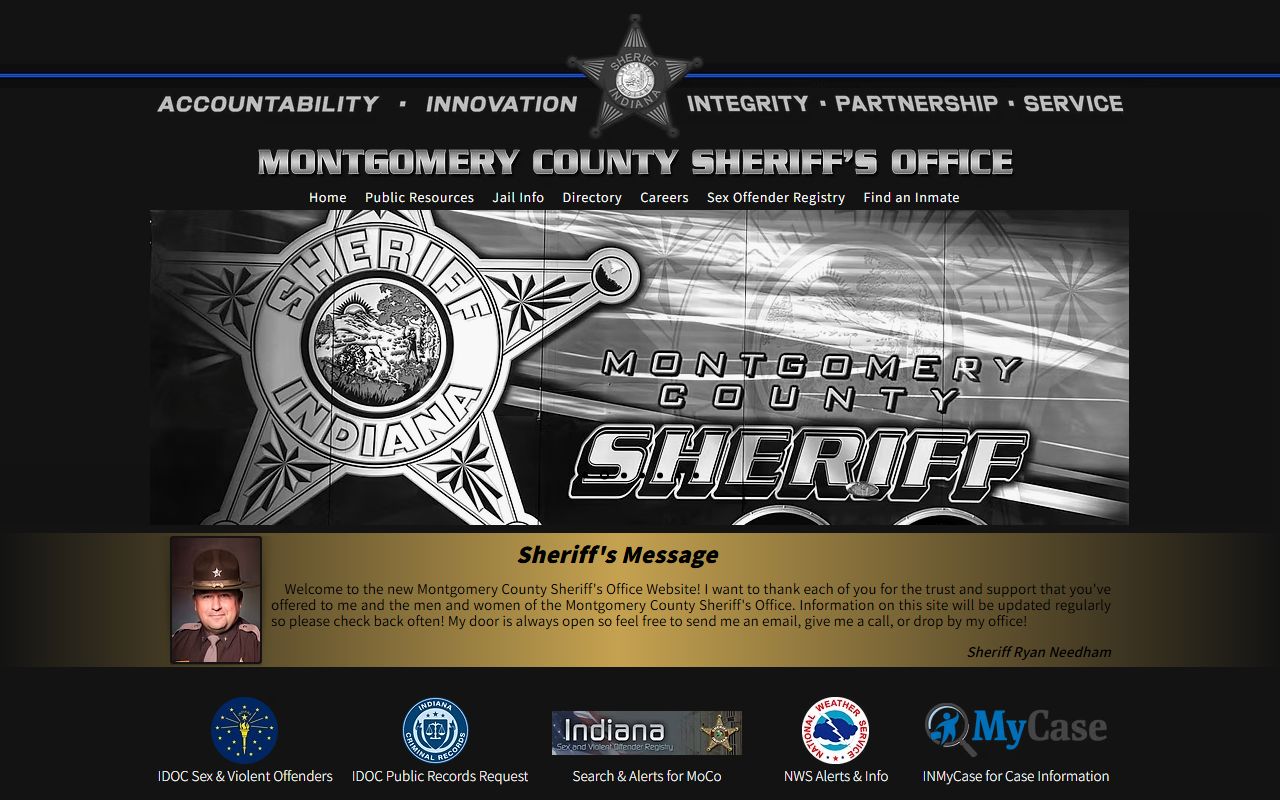 Montgomery County Sheriff's Office website showing 72 hour booking and inmate search tools in Crawfordsville Indiana
