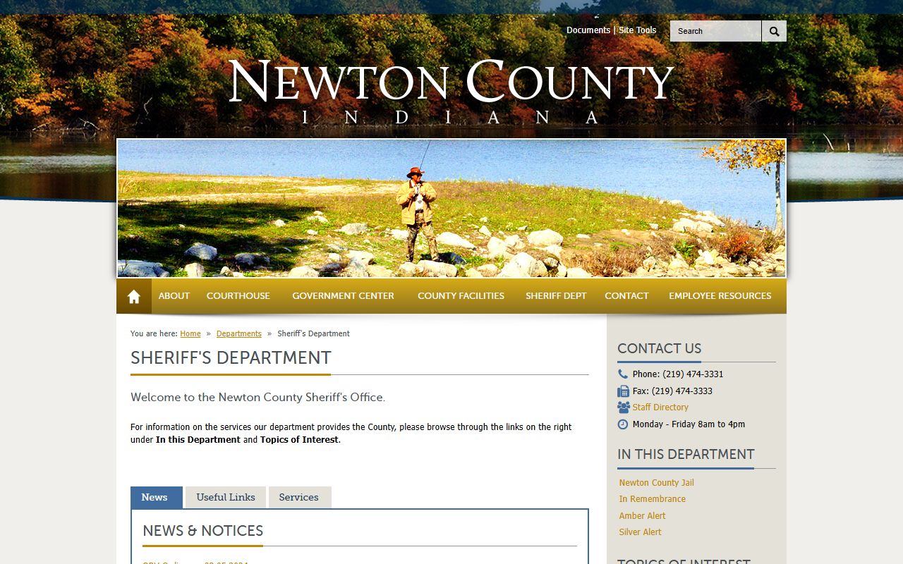 Newton County Sheriff's Office department page showing contact information for 72 hour booking inquiries in Kentland Indiana