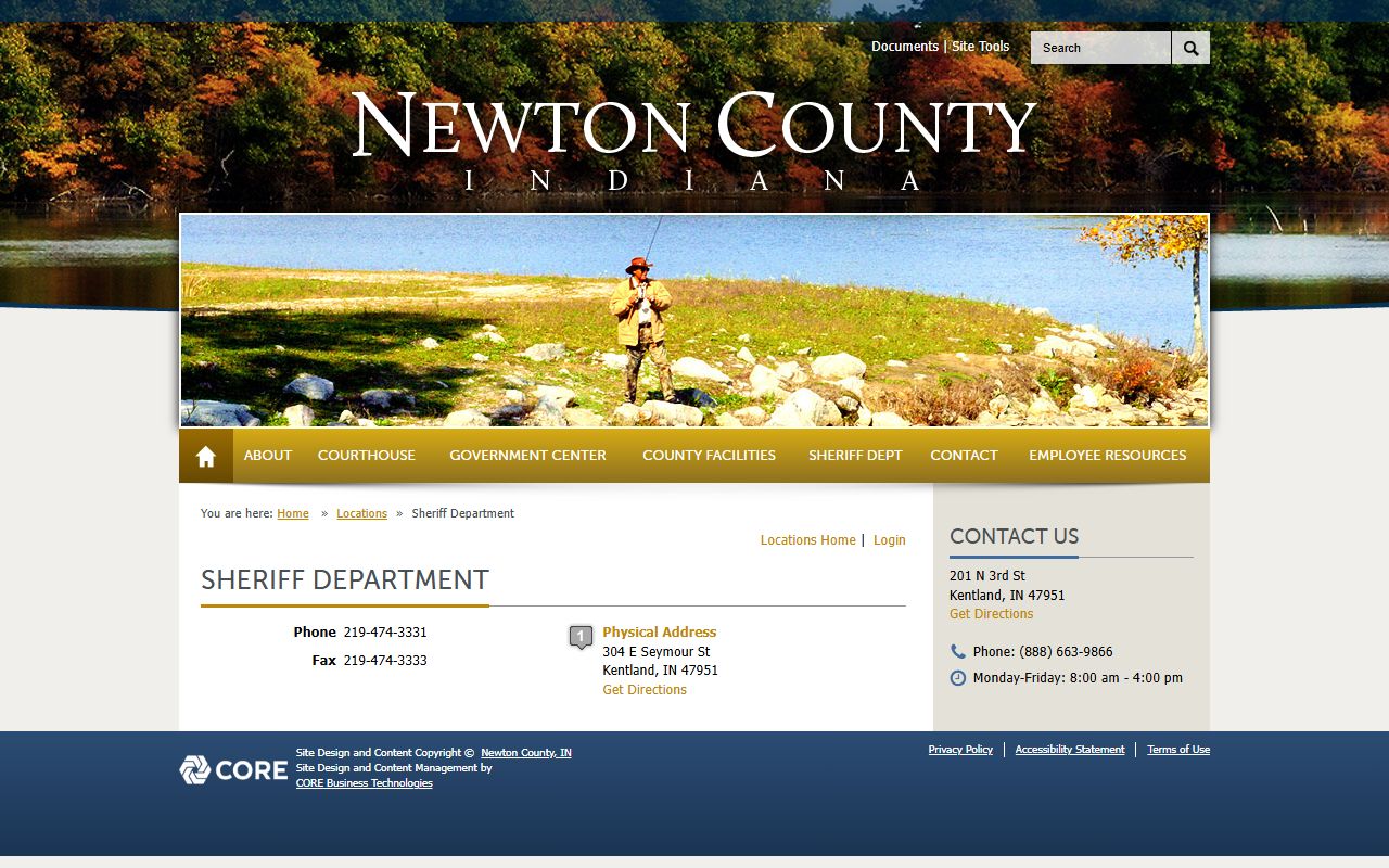 Newton County Jail facility information page showing location and contact details for 72 hour booking records in Kentland Indiana