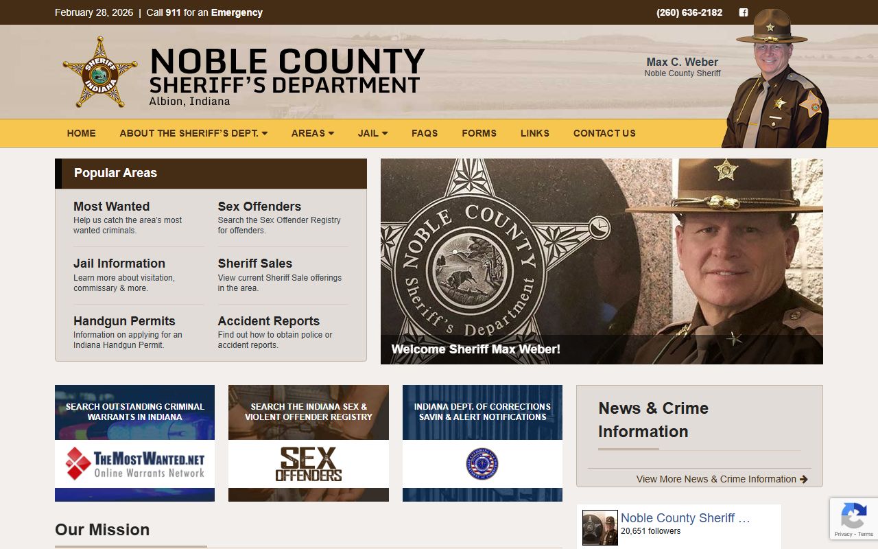 Noble County Sheriff's Office website showing jail roster and 72 hour booking records in Albion Indiana